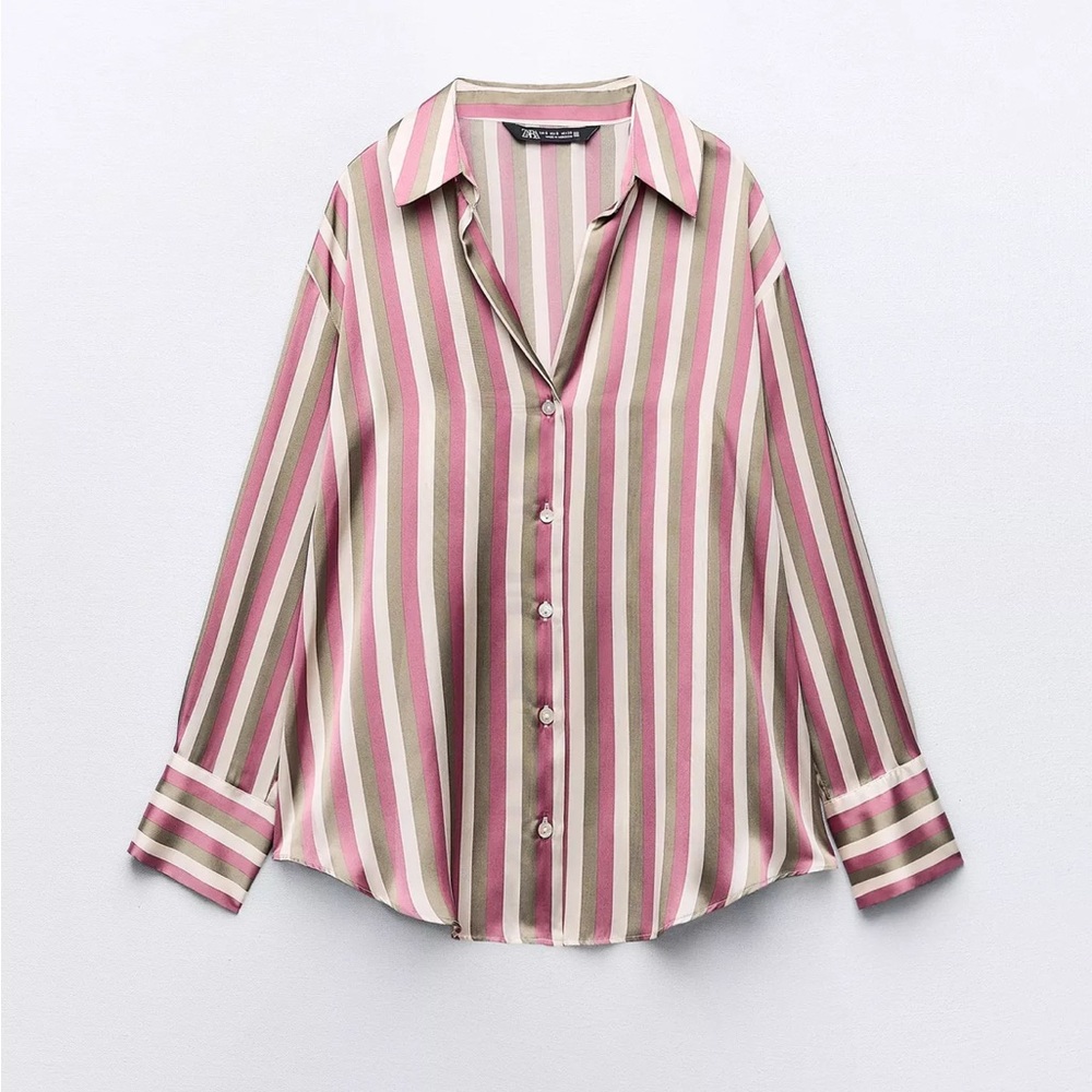 Zara Striped Pink Green White Women's Silk Satin button blouse size small